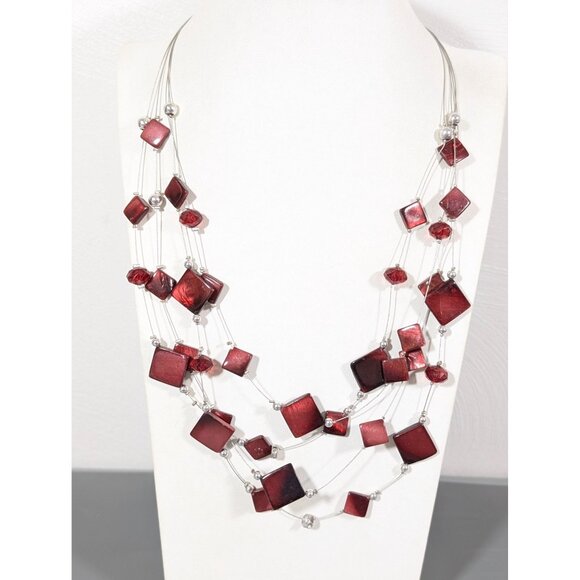Beachy Boho Wine Red Square Shell Station Multi Wire Bead Necklace Bib 22" - Picture 1 of 7